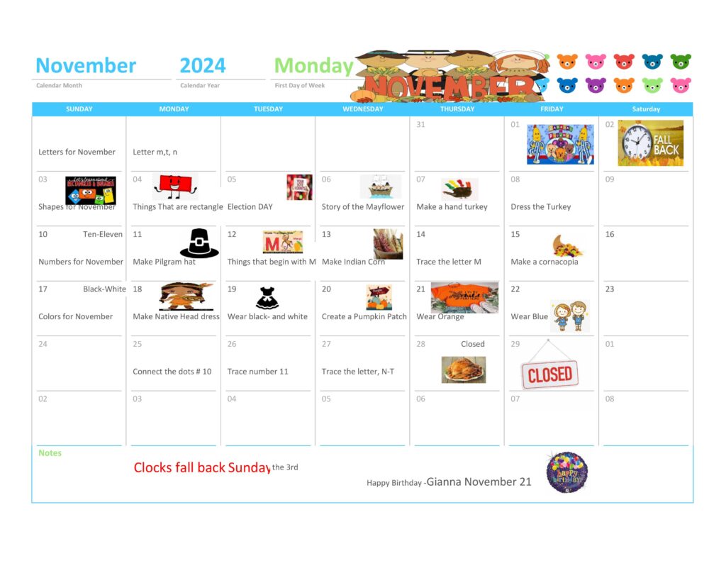 Our Little Treasures November 2024 calendar