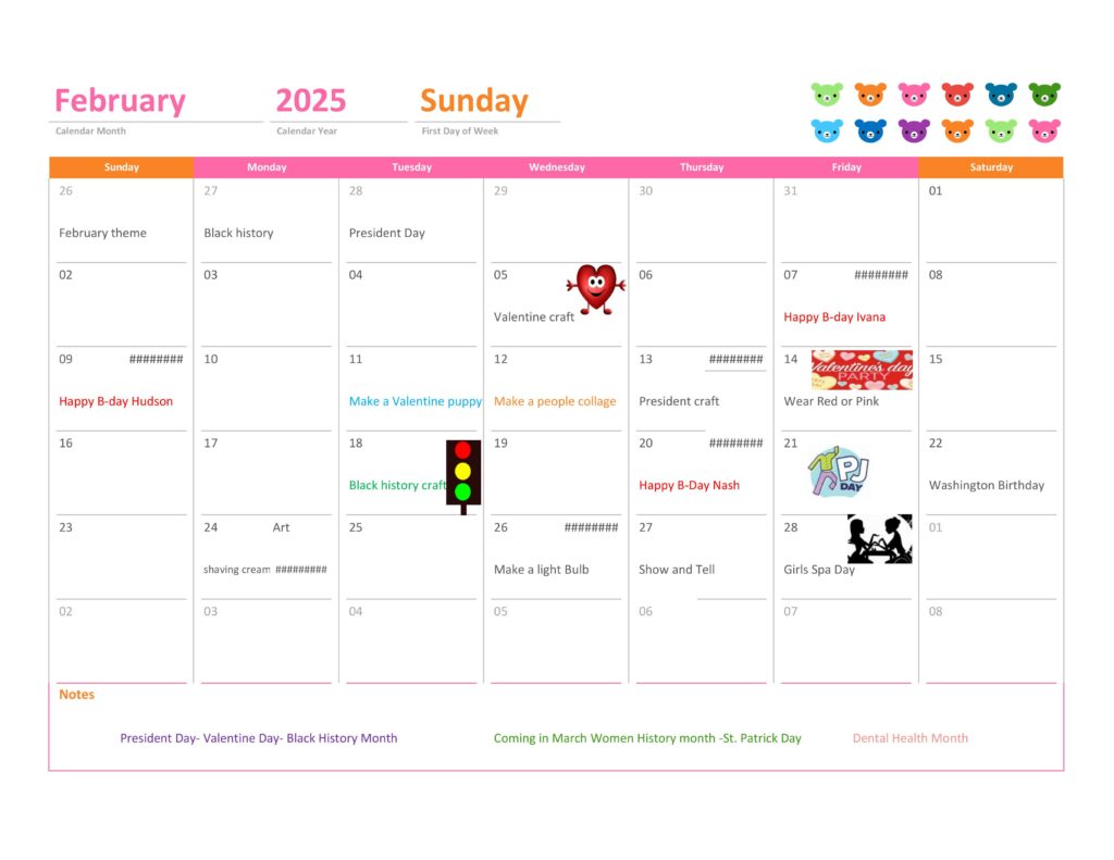 Our little treasures February 2025 calendar