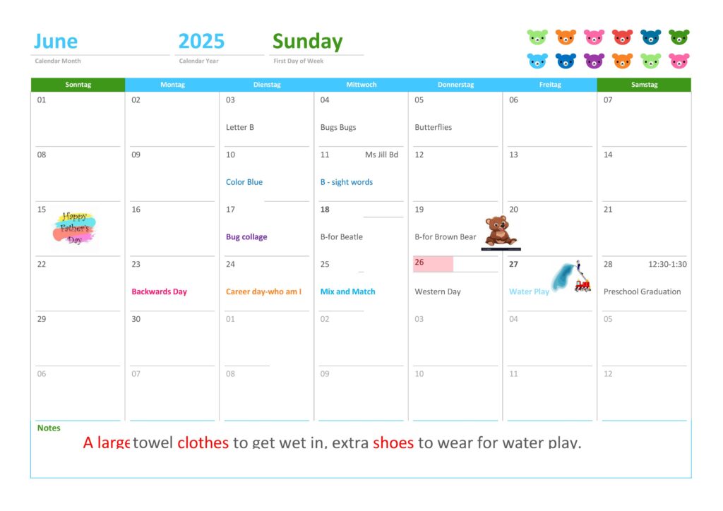 Our Little Treasures June 2025 Calendar